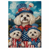 Mother Maltese Dog and Three Puppies in Patriotic Outfits with Star Hats and Red Bows Against Mountain Landscape on Ready to Hang 1.5" Thick Canvas Wrap, Floating Framed Canvas, Flat Rolled Canvas